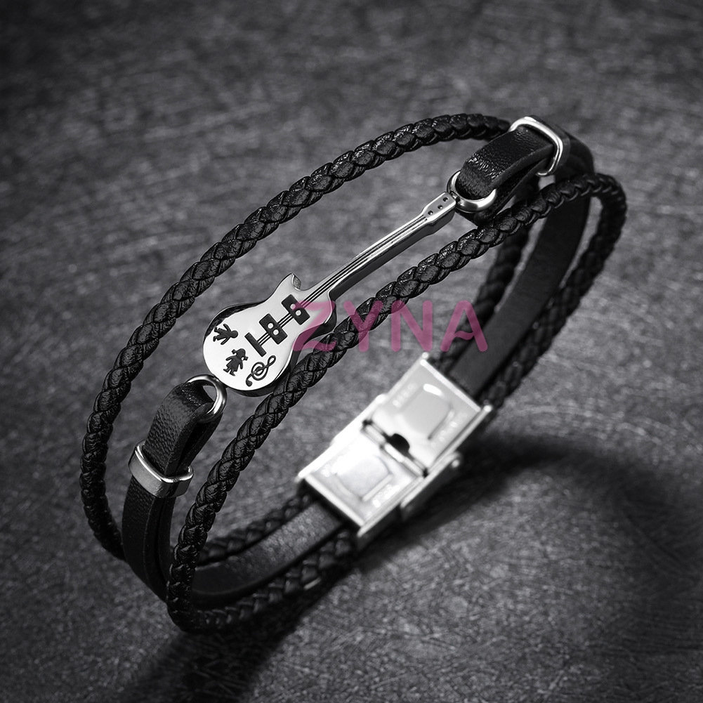 Vòng tay dây da bện nhiều lớp mặt hình đàn guitar 21cm thời trang cho nam