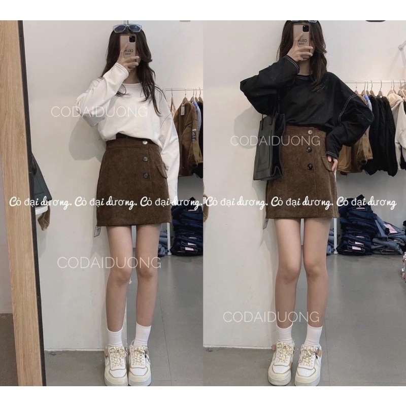 Set áo dài tay Trễ vai kèm chân váy nhung tăm 3 cúc lệch Hiện đại - Có tách set bán rời áo và váy