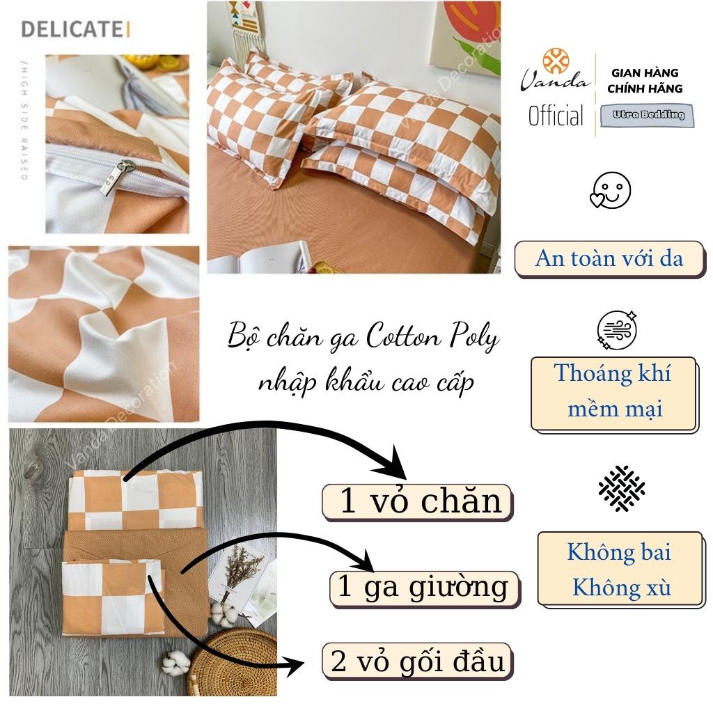 Bộ chăn ga gối Cotton Poly Vanda nhập khẩu họa tiết kẻ Miễn Phí bo chun drap giường