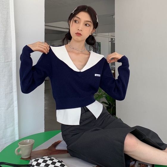 Đầm dệt kim ZHELIHANGFEI giả hai lớp tay dài cổ chữ V lưng cao thời trang trẻ trung