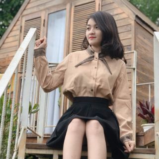 Áo sơ mi nữ da lộn phối nơ cổ HÌNH THẬT
