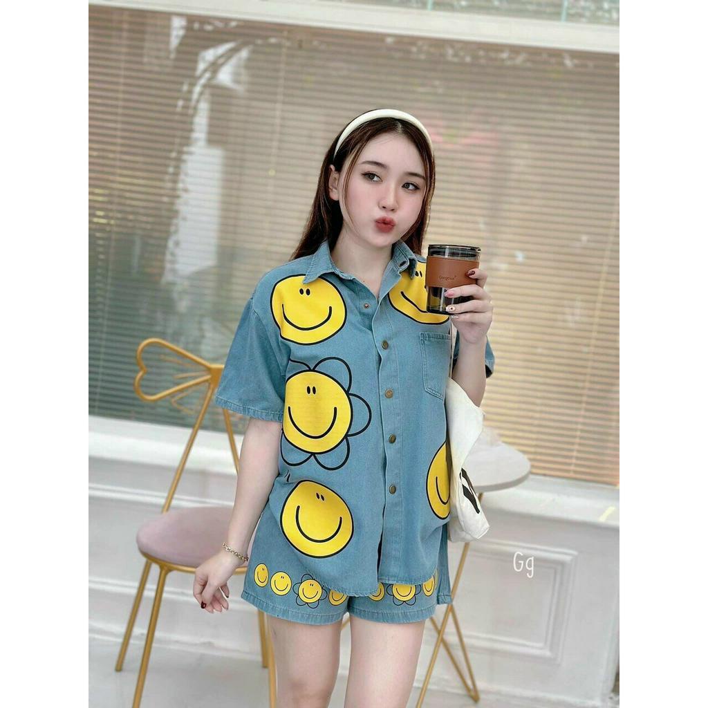 sét bộ đùi jean sơ mi mặt cười hot