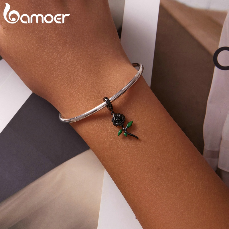 Mặt phụ kiện BAMOER BSC584 chất liệu 925 bạc hình hoa hồng đen