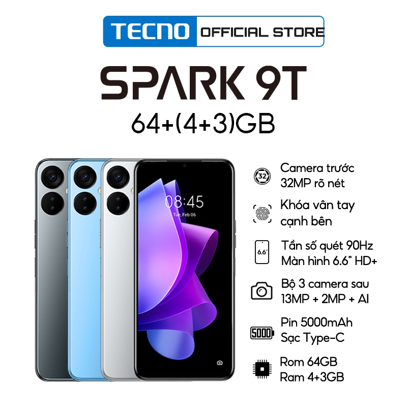 Điện thoại Tecno Spark 9T 4GB/64GB - Camera selfie 32MP | Khóa vân tay| 6.6" 90Hz