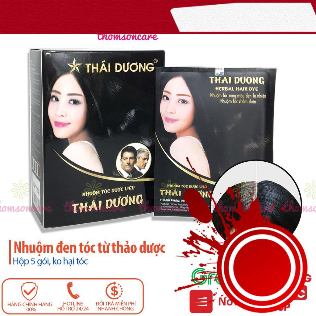 [ Hàng Hot ] Nhuộm đen tóc thảo dược Thái Dương từ dược liệu Hộp 5 gói từ bột lá henna, an toàn cho tóc và da đầu