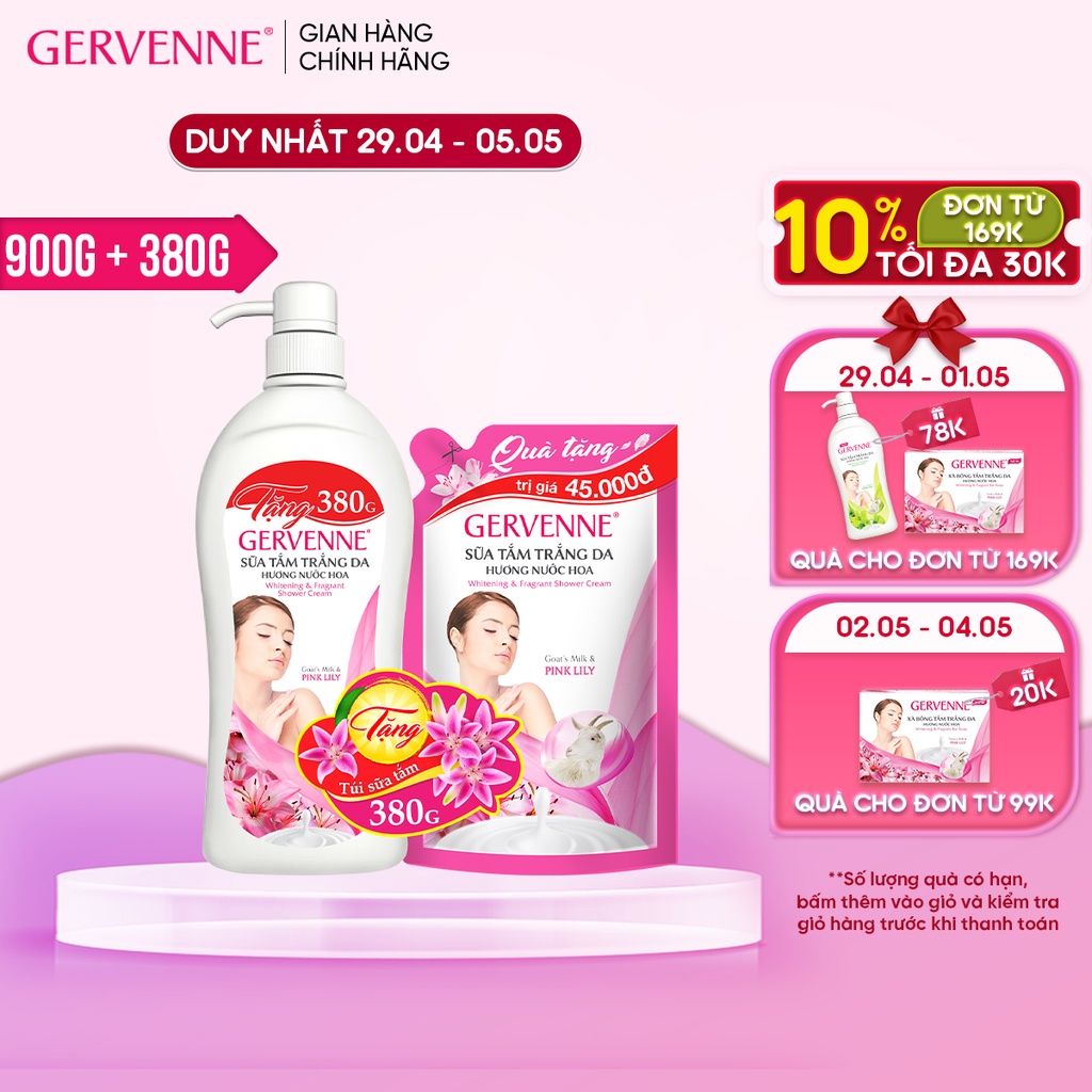 [Mã COSBDAG5 giảm 8% đơn 150k] Sữa tắm trắng da Gervenne Pink Lily 900gr - Tặng Túi sữa tắm 380gr