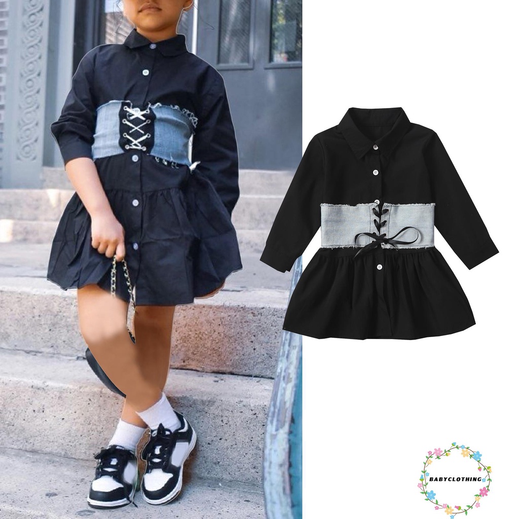 Set 2 món đầm sơ mi denim tay dài màu trơn phối thắt lưng thời trang cho bé gái