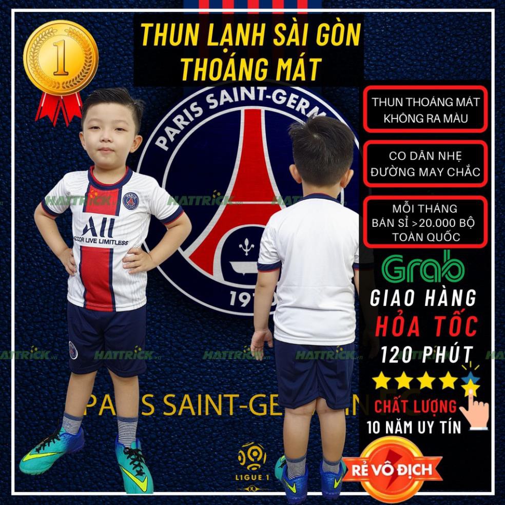 Bộ đá banh cho bé (11kg - 41kg) PSG trắng 2021, thun Sài Gòn thoáng mát, may chất lượng, xưởng bán sỉ toàn quốc 🥇