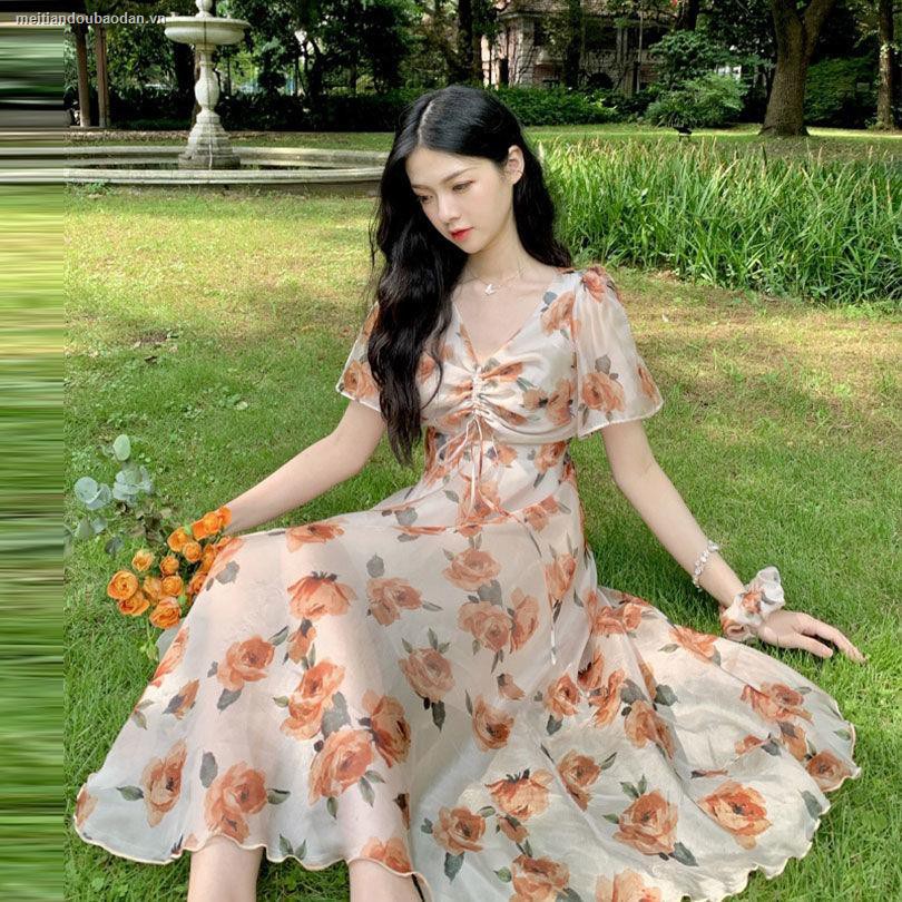 ♛☃ﺴ"Sweet Summer" oil painting flowers French retro elegant slimming clavicle long dress female 2021 new style [shipped within 12 days]