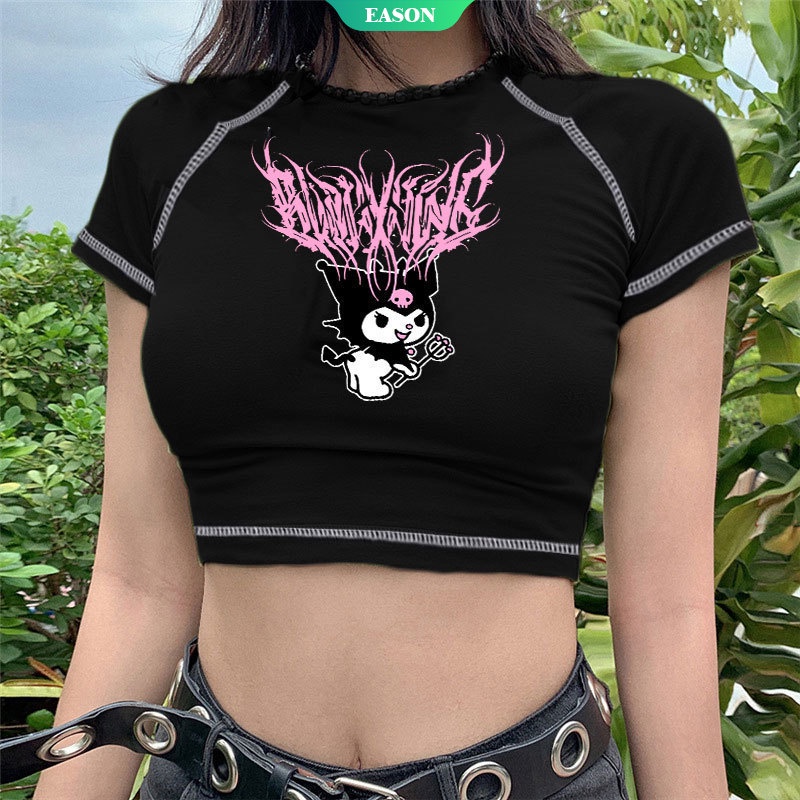 SANRIO Áo Croptop Tay Ngắn Phong Cách Gothic Harajuku Thời Trang Mùa Hè 2022 Kuromi Dành Cho Bạn Nữ Y2k