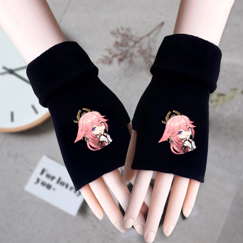 Găng tay len hở ngón in hình nhân vật YAE MIKO game GENSHIN IMPACT anime chibi thời trang