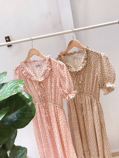 ĐẦM CHẤM BI 2 màu viền bèo 2 lớp xd