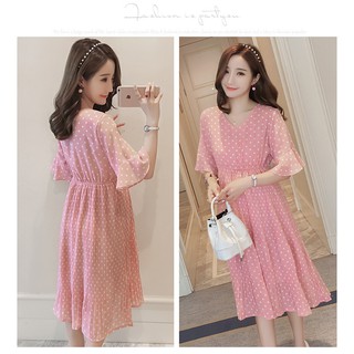 Đầm Bầu Voan Hồng Chấm Bi