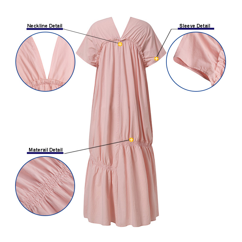 Đầm Maxi Zanzea Tay Ngắn Cổ Chữ V Xếp Ly Vải Cotton Màu Trơn Dễ Thương Dành Cho Phụ Nữ