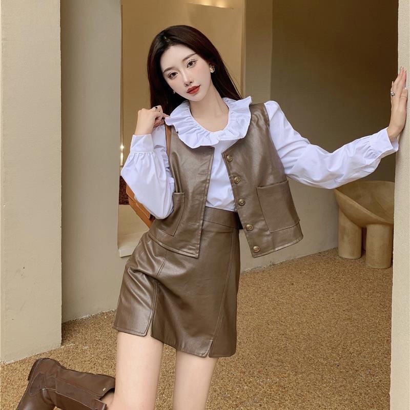 Set Áo Khoác Da Gile + Chân Váy Da Cá Tính Cho Nữ