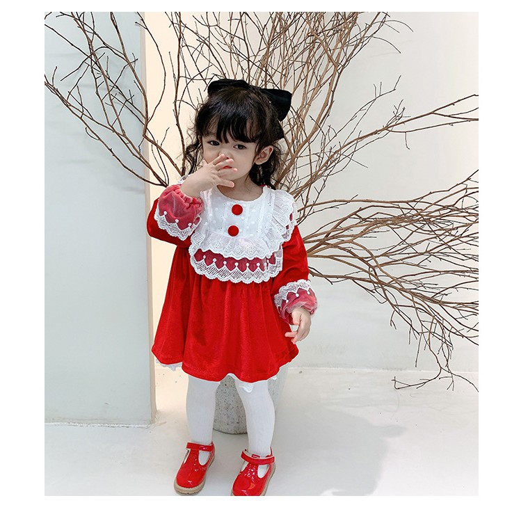 Váy đỏ Nhung pha ren ngọt ngào phong cách công chúa vintage xin xò cho bé , váy nhung lót lông cực ấm bé gái