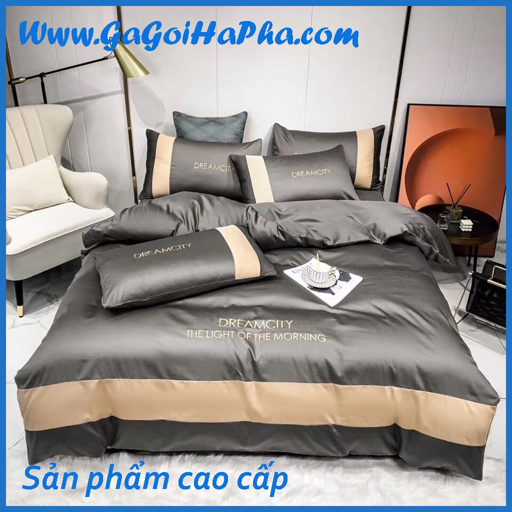 Bộ chăn ga lụa pháp Dream viền kẻ to cao cấp, bộ ga giường lụa cao cấp xịn xò