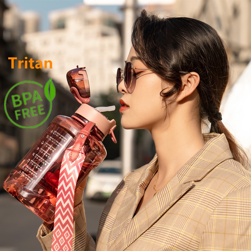 Bình Nước Tritan Không BPA Dung Tích Lớn Có Ống Hút Đánh Dấu Thời Gian Tập Thể Thao (1700/2700/3780ml)