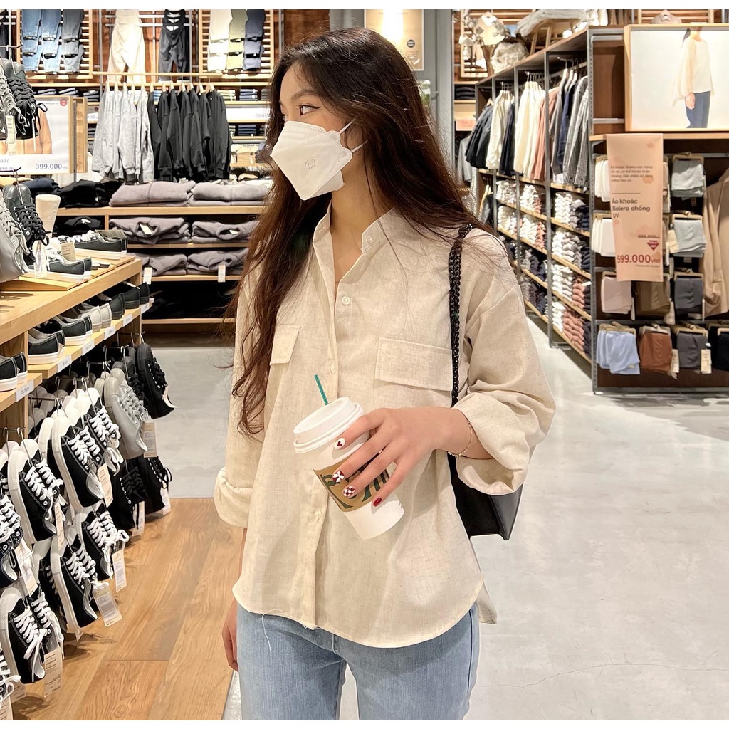 Áo sơ mi cổ tàu ba màu chất thô linen- Miho house