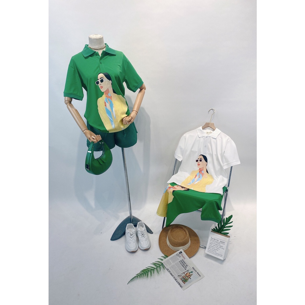 Áo polo có cổ nữ ngắn tay in hình Neklace girls 2 màu xanh két và trắng chất thun lạnh cá sấu cực mát mịn