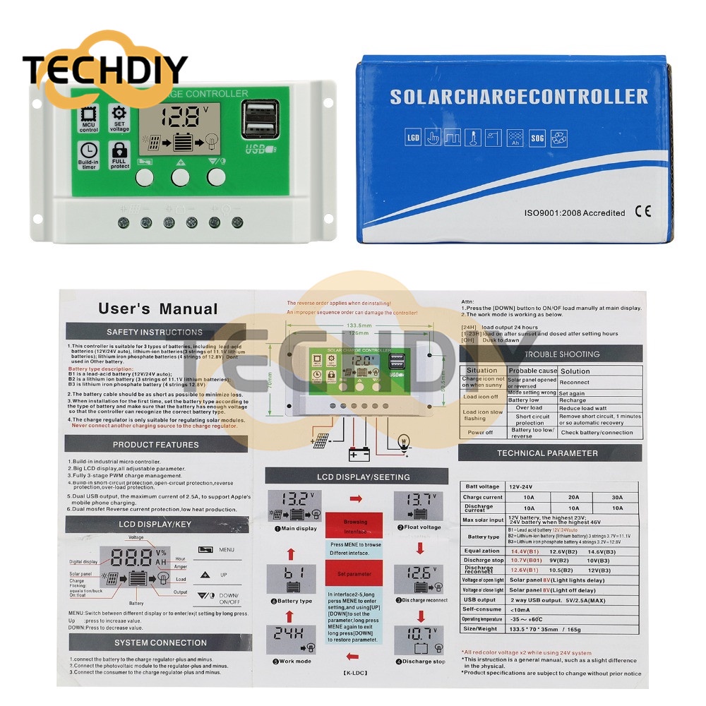 Thiết Bị Điều Khiển Sạc Năng Lượng Mặt Trời 10A 20A 30A 24V 12V Màn Hình LCD