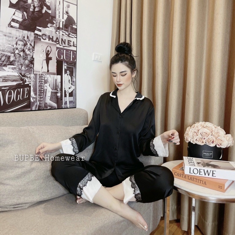 Đồ bộ nữ, pijama màu đỏ màu đen viền ren,SOMNIA đồ ngủ dài tay cộc tay bigsize, đồ bộ mặc nhà pyjama lụa