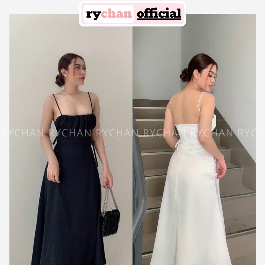Đầm Maxi 2 Dây Đi Biển (Sẵn Mút Ngực) Đan Eo, Đầm Cúp Ngực Hai Dây Màu Trắng Đen - DX0039