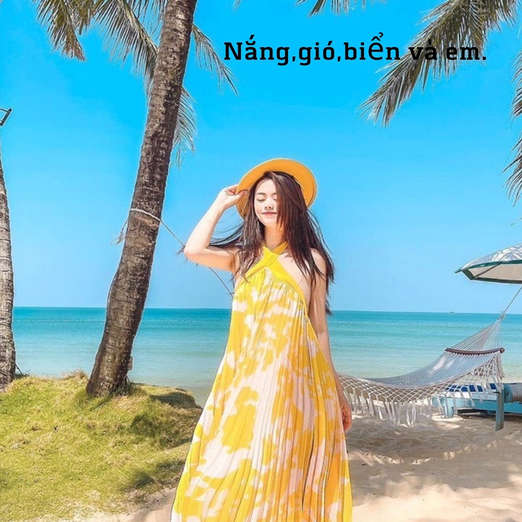 Đầm maxi vàng cổ yếm dập ly Hakieu Msp033 ( hình sàn chụp thật) | BigBuy360 - bigbuy360.vn