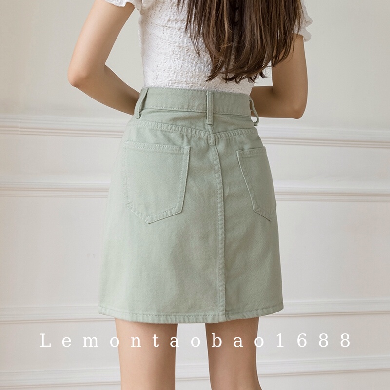 Sẵn- Chân Váy Denim Lưng Cao Dáng Chữ A Màu Xanh Mint Cho Nữ