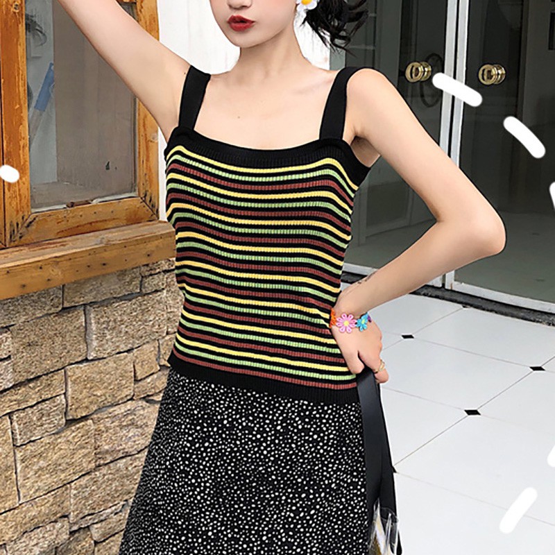 [Baywellfashion]Áo hai dây dệt kim phối họa tiết sọc ngang trẻ trung dành cho nữ | BigBuy360 - bigbuy360.vn