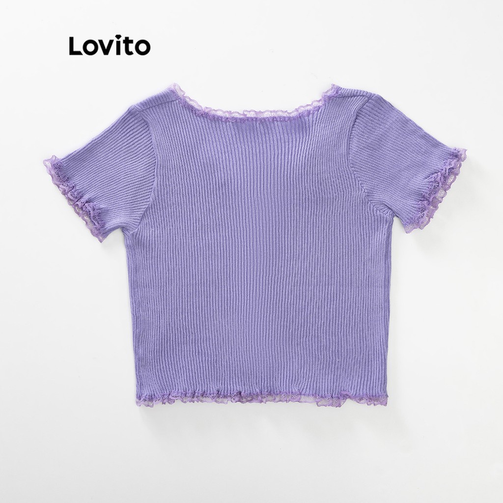 Áo dệt kim Lovito cổ tròn màu trơn phối ren tương phản L14X074 (màu tím / trắng)