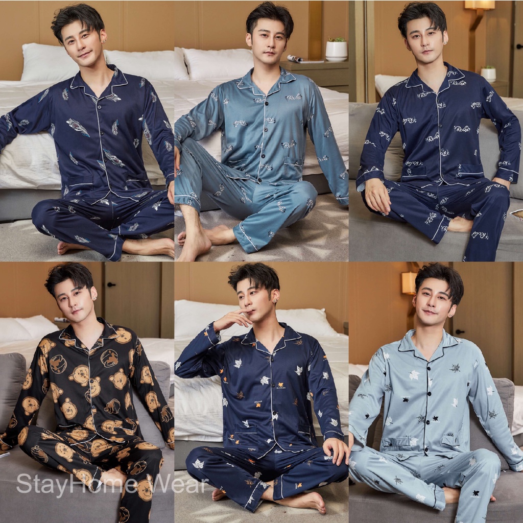 Bộ đồ ngủ pijama tay dài cổ bẻ chất liệu cotton họa tiết nhiều mẫu thời trang cho nam