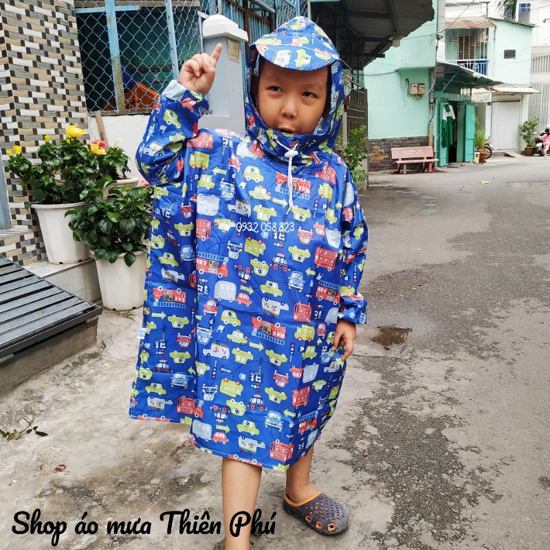 Áo mưa bít trẻ em, chất liệu vải dù, hoa văn hoạt hình cho bé - Size 9 - Size 10