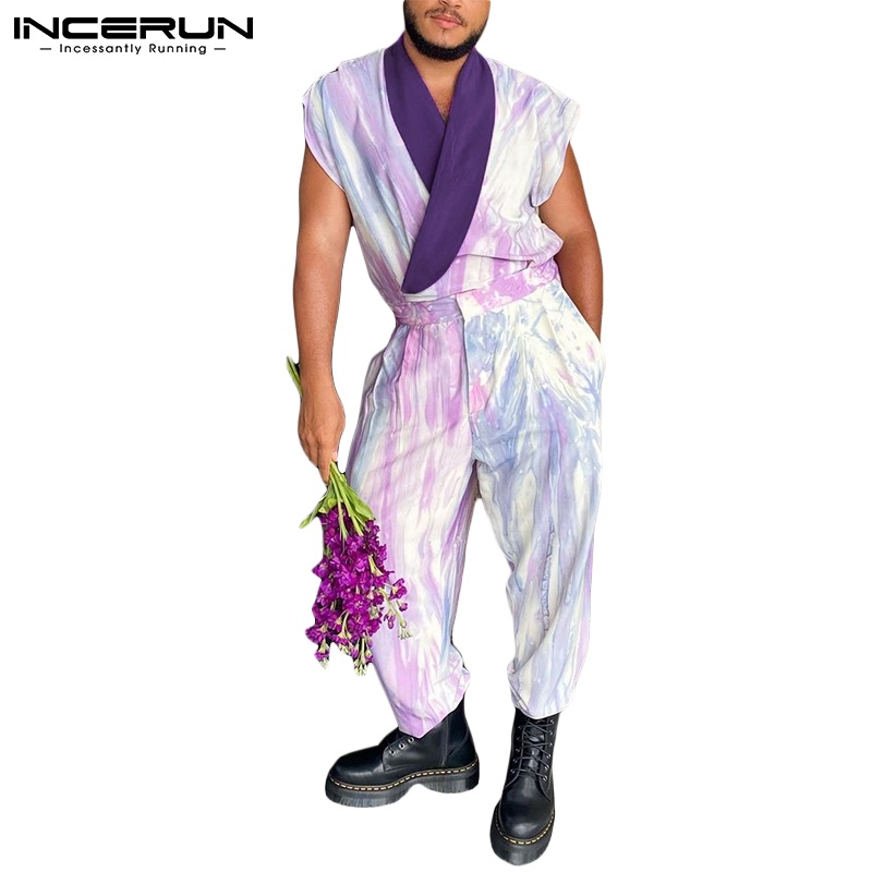 INCERUN Bộ Áo Liền Quần Sát Nách Dáng Rộng Nhuộm Màu Độc Đáo Phong Cách Phương Tây Thời Trang Cho Nam