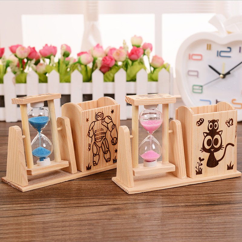 Đòng hồ cát kèm ống đựng bút GỖ 1 ngăn VUÔNG để bàn trang trí