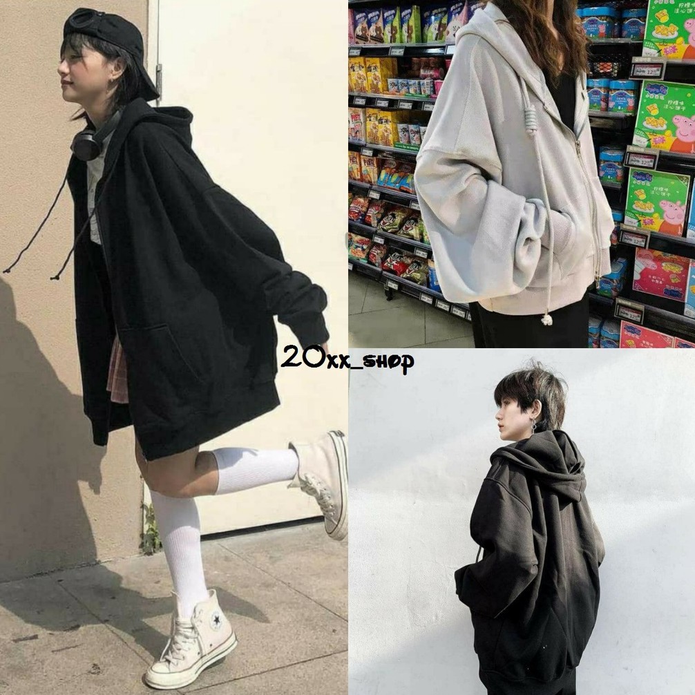Áo Khoác Nỉ Trơn Tay Bồng Có Mũ Form Rộng 2 Màu Đen Xám Nam Nữ Unisex