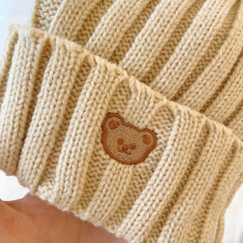 Mũ Beanie Dệt Kim Thêu Hình Gấu Dễ Thương Cho Bé