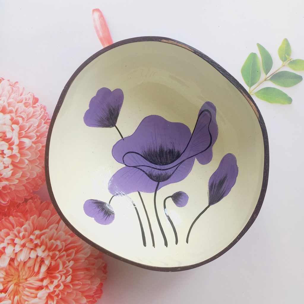 Bát Gáo Dừa Sơn Mài Nghệ Thuật Hình Hoa Sen Tím, Bát Dừa Ăn Salad, Smoothie, Đồ Tráng Miệng, Decor Của Vitrapro