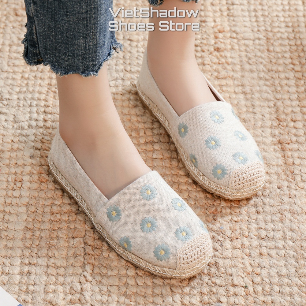 Slip on cói nữ - Giày lười vải thêu - Chất liệu vải bố 3 màu xanh, xám và khaki - Mã SP X-18