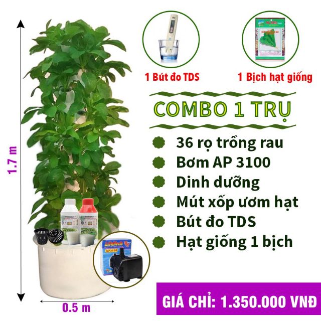 Trụ trồng rau thủy canh khí canh 1 trụ 36 rọ cây đầy đủ phụ kiện,tự động ko cần chăm sóc, trồng rau sạch ăn mùa Covid