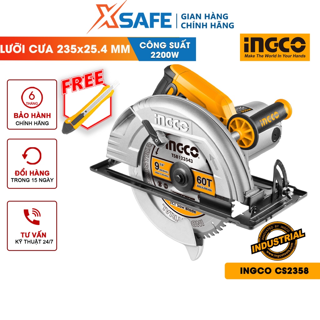 Máy cưa gỗ cầm tay INGCO CS2358 công suất 2200W, điện thế 220V, kích thước lưỡi 235x25.4mm, tốc độ 3800rpm
