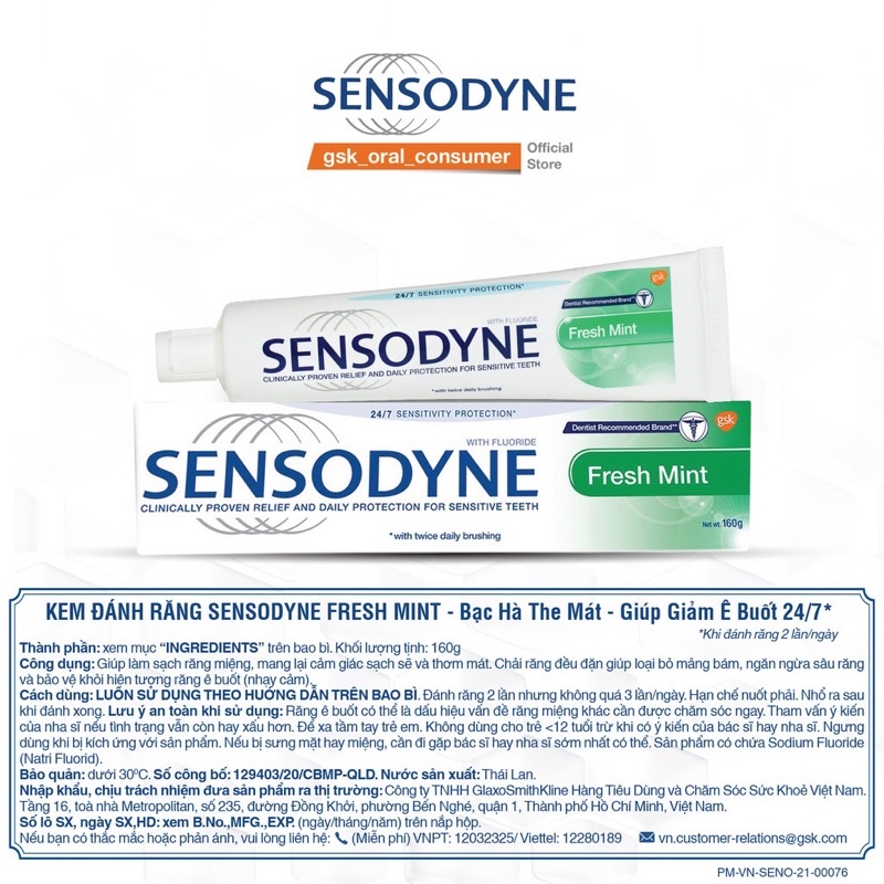 Kem đánh răng SENSODYNE Fresh Mint 160g ( Giảm triệu chứng ê buốt)