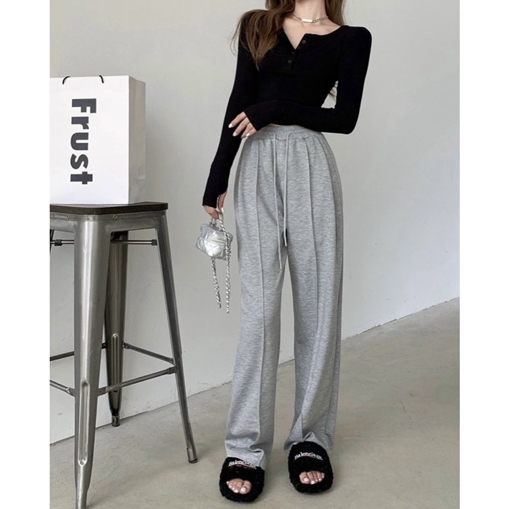 Quần nỉ nam nữ unisex form rộng ống rộng ly trơn 2 màu: đen, xám Quần nỉ nữ ống xuông gấp ly ulzzang Freeship Sale