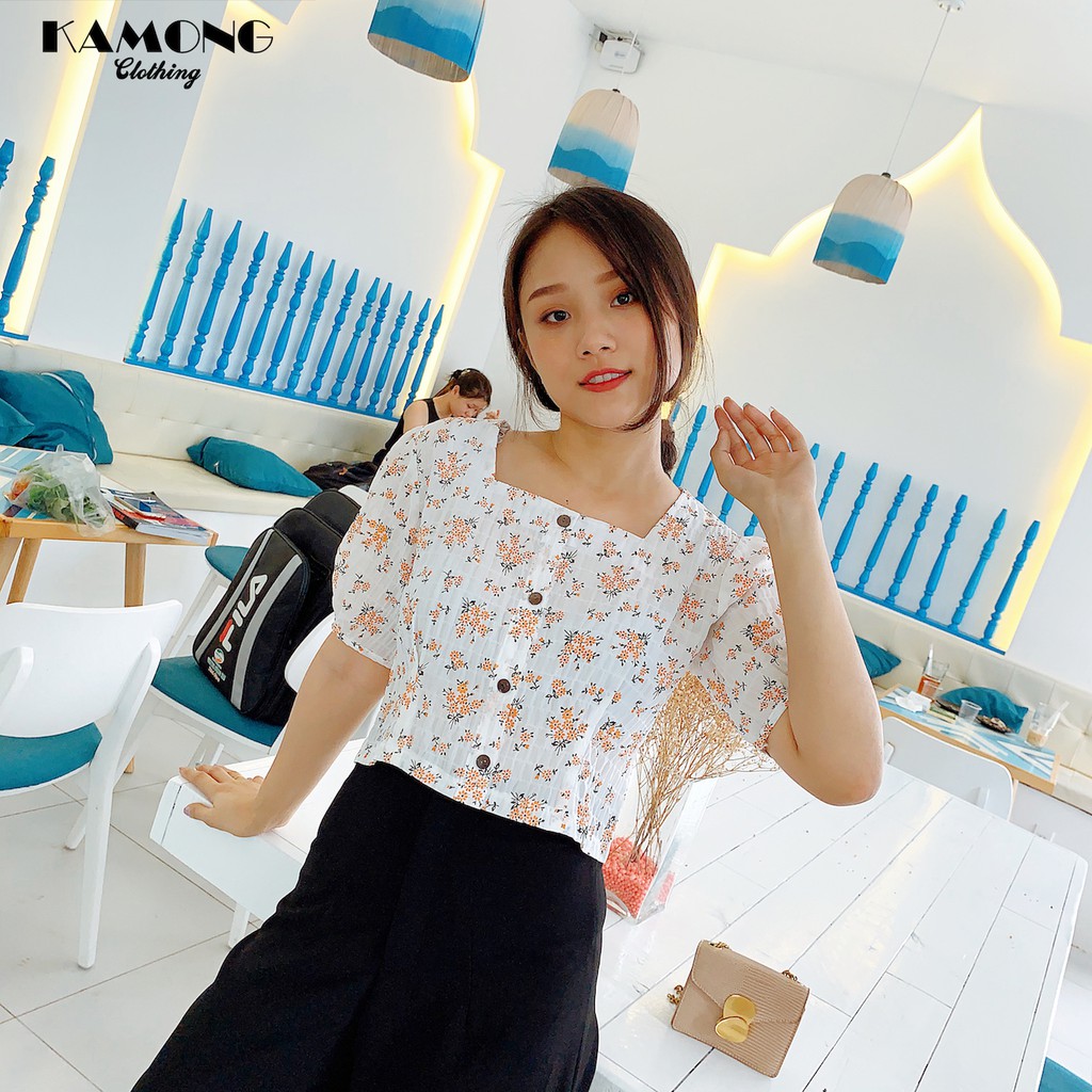 Áo kiểu Croptop hoa nhí cổ vuông KAMONG A029 | BigBuy360 - bigbuy360.vn