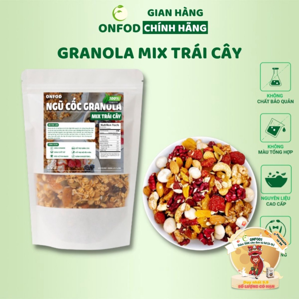 Ngũ cốc granola ONFOD siêu hạt mix hoa quả trái cây ăn kiêng giảm cân thêm macca, óc chó đỏ, dâu tây 500g