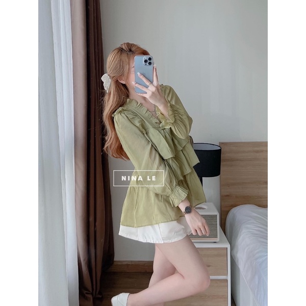 Set áo baby doll tầng cổ viền bèo đỏ xanh với quần short lưng thun chất takta cá tính nữ | BigBuy360 - bigbuy360.vn