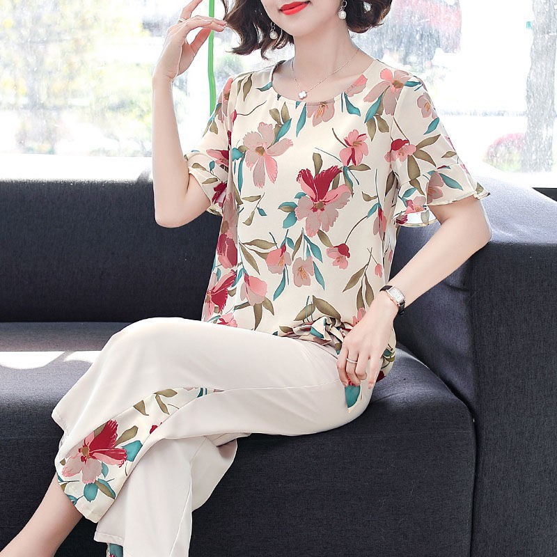 Bộ đồ mùa hè cho mẹ hai mảnh mới 40-50 tuổi nữ trung niên quý phái áo sơ mi voan ngắn tay thun
