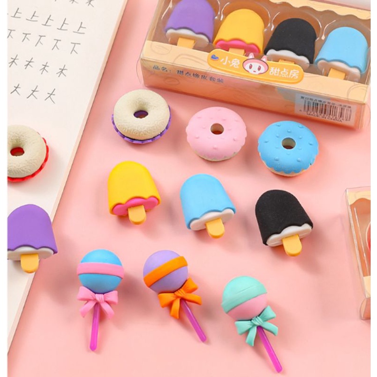 Tẩy bút chì cute set 4 gôm cỡ lớn hình đồ ăn đáng yêu tẩy sạch tiện lợi cho học sinh sinh viên