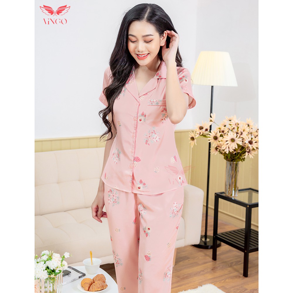 Đồ Bộ Ngủ Nữ Pijama Mặc Nhà VINGO Tay Ngắn Quần Dài Lụa Pháp Cao Cấp Họa Tiết Dâu Hồng Ngọt Ngào Thu Đông H206 - VNGO