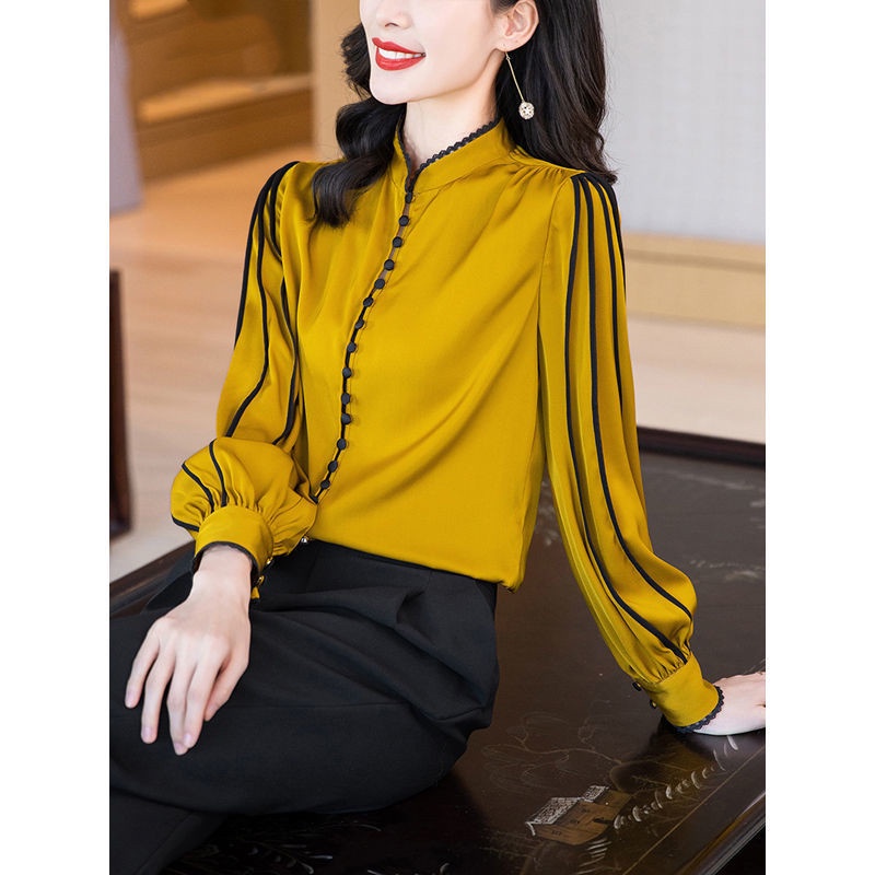 Áo Sơ Mi Giả Lụa Tay Dài Màu Sắc Thời Trang Cho Nữ